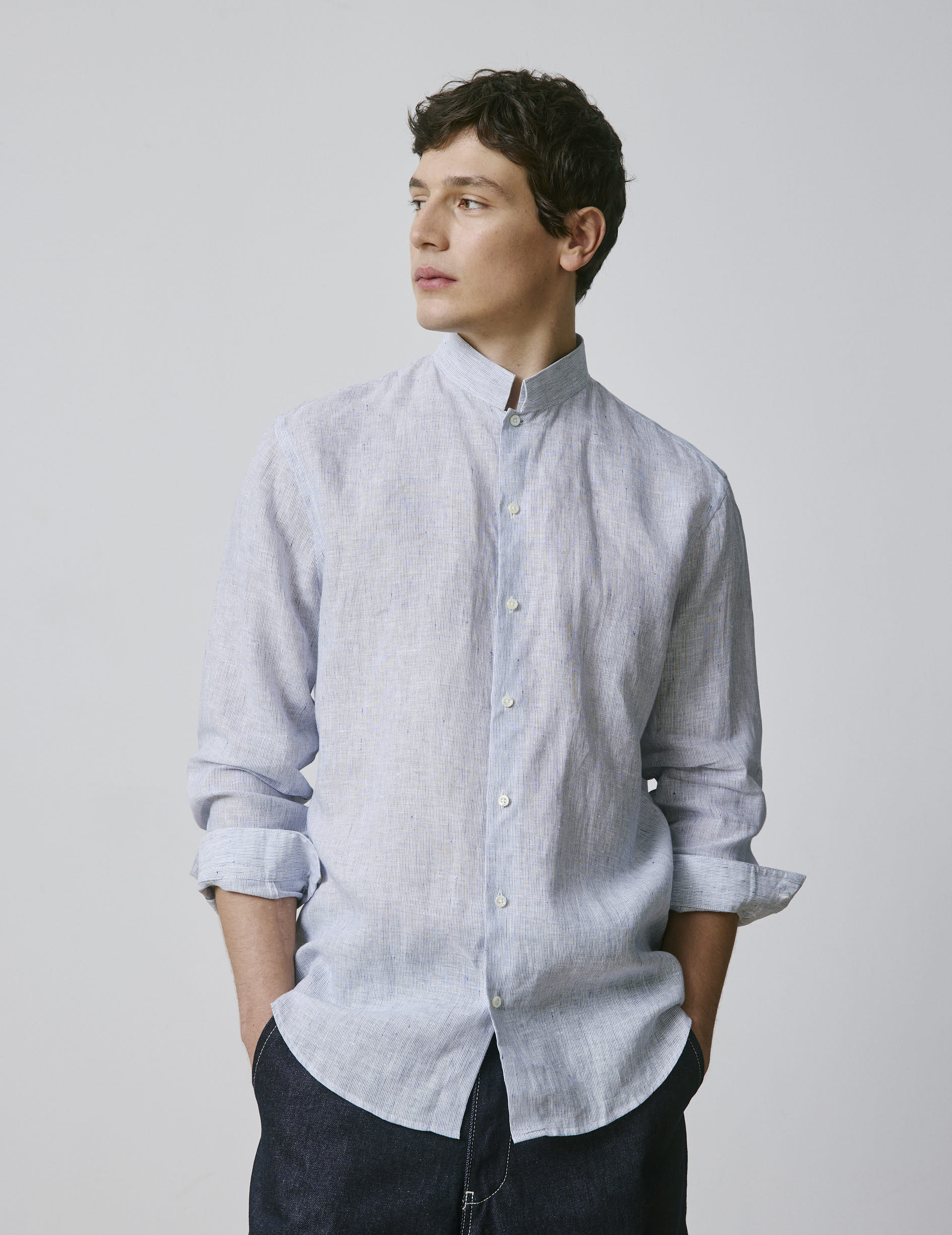 Striped navy linen semi-fitted shirt - Linen - Reverse Collar