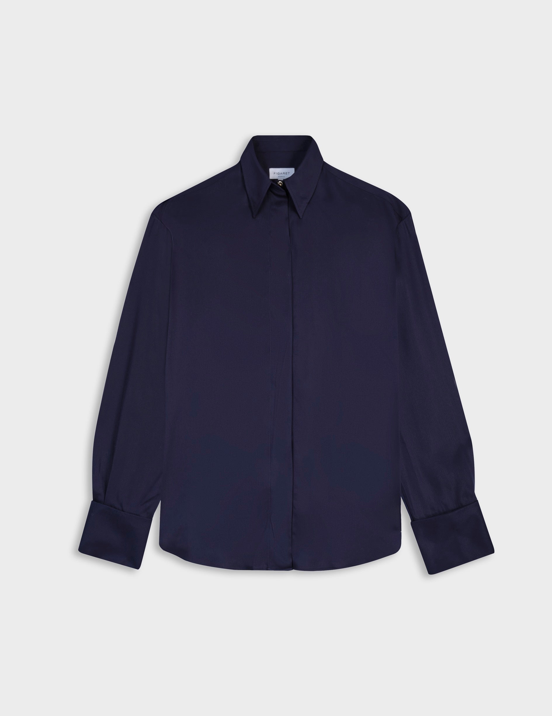 Irisa navy hidden button placket shirt - Lyocell - Long Collar - French Cuffs