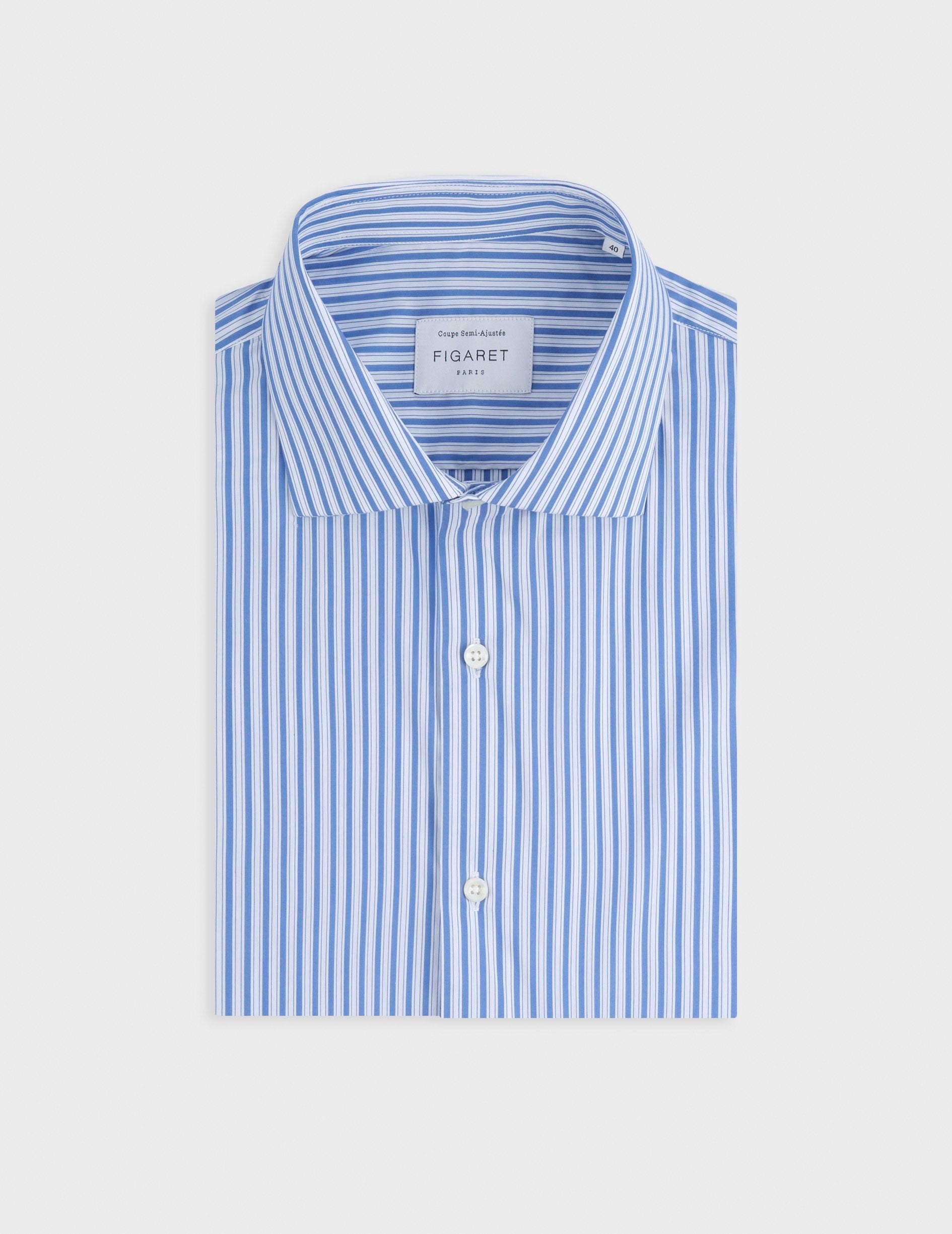 Chemise semi-ajustée rayée bleue - Popeline - Col Italien