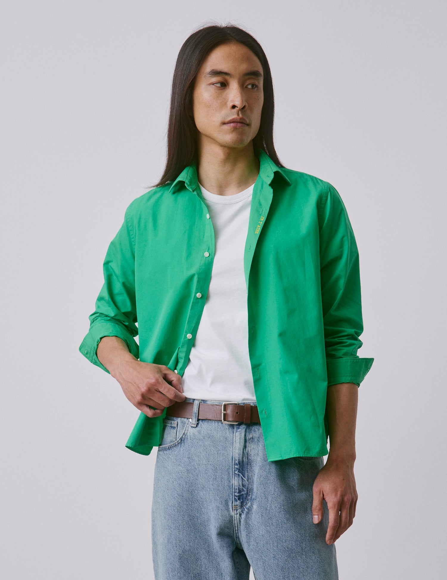 "Je t'aime" unisex green shirt - Poplin - Figaret Collar#3