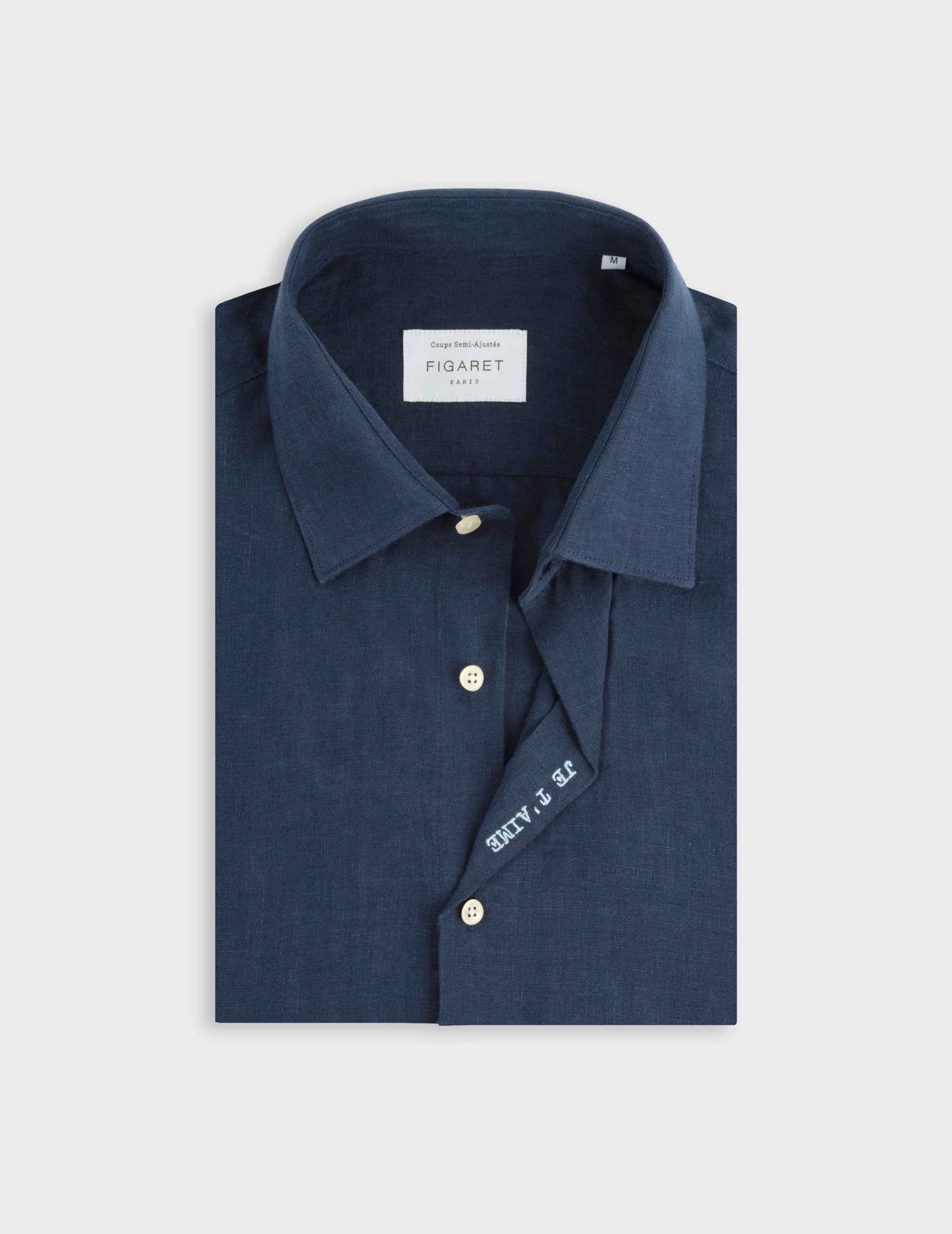 Unisex navy “Je t’aime” shirt - Linen - Figaret Collar