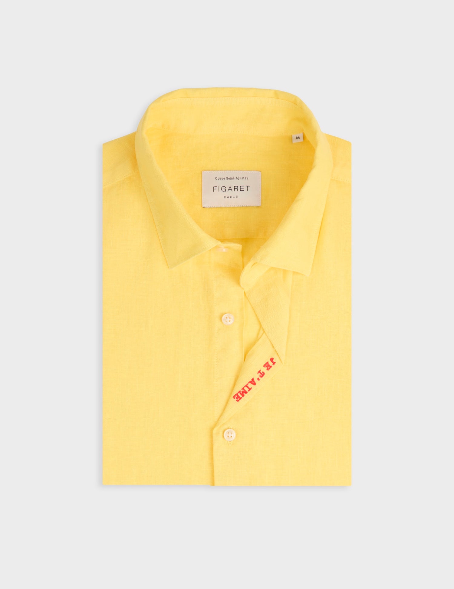 Unisex linen yellow "Je t'aime" shirt - Linen - Figaret Collar#2