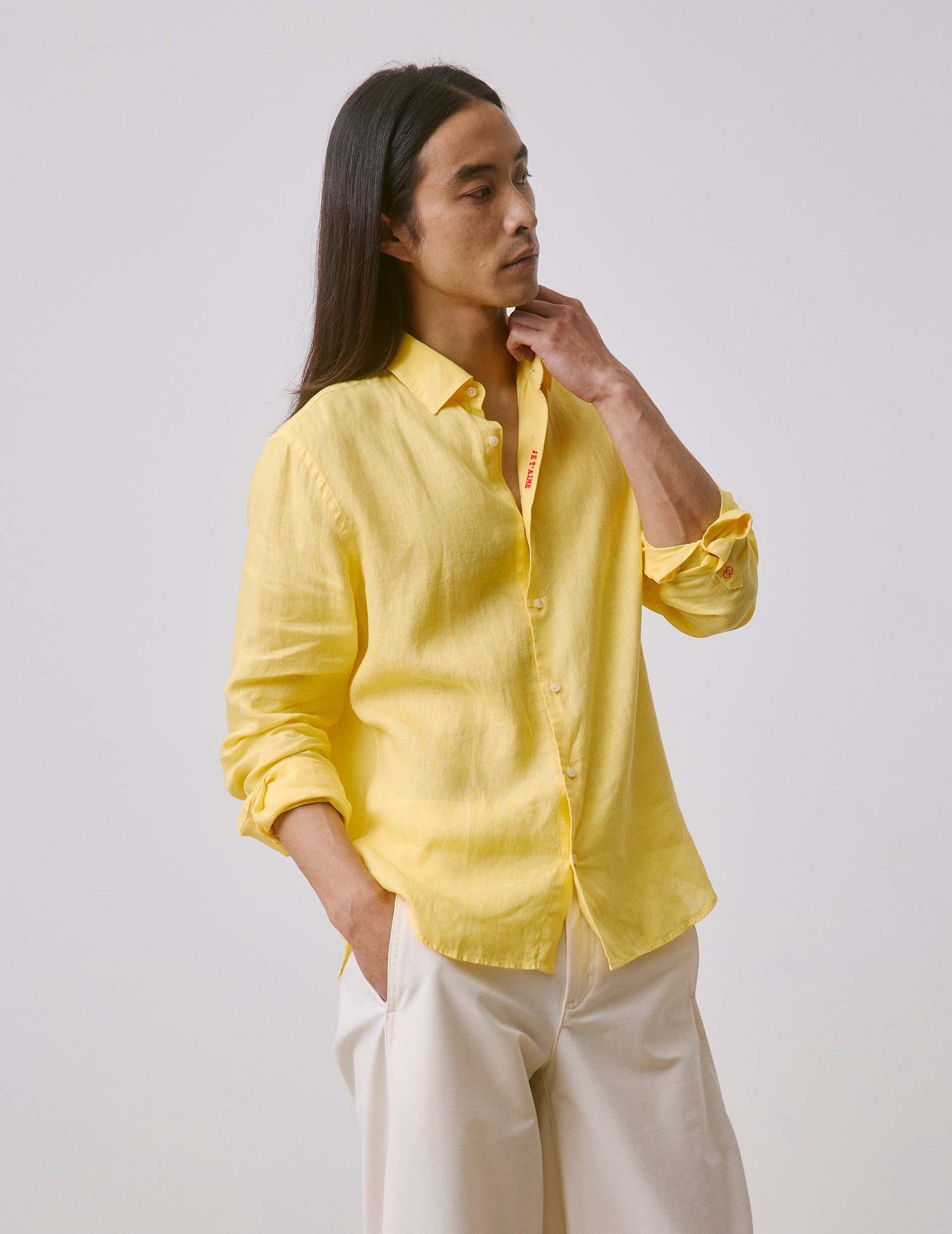 Unisex linen yellow "Je t'aime" shirt - Linen - Figaret Collar#3