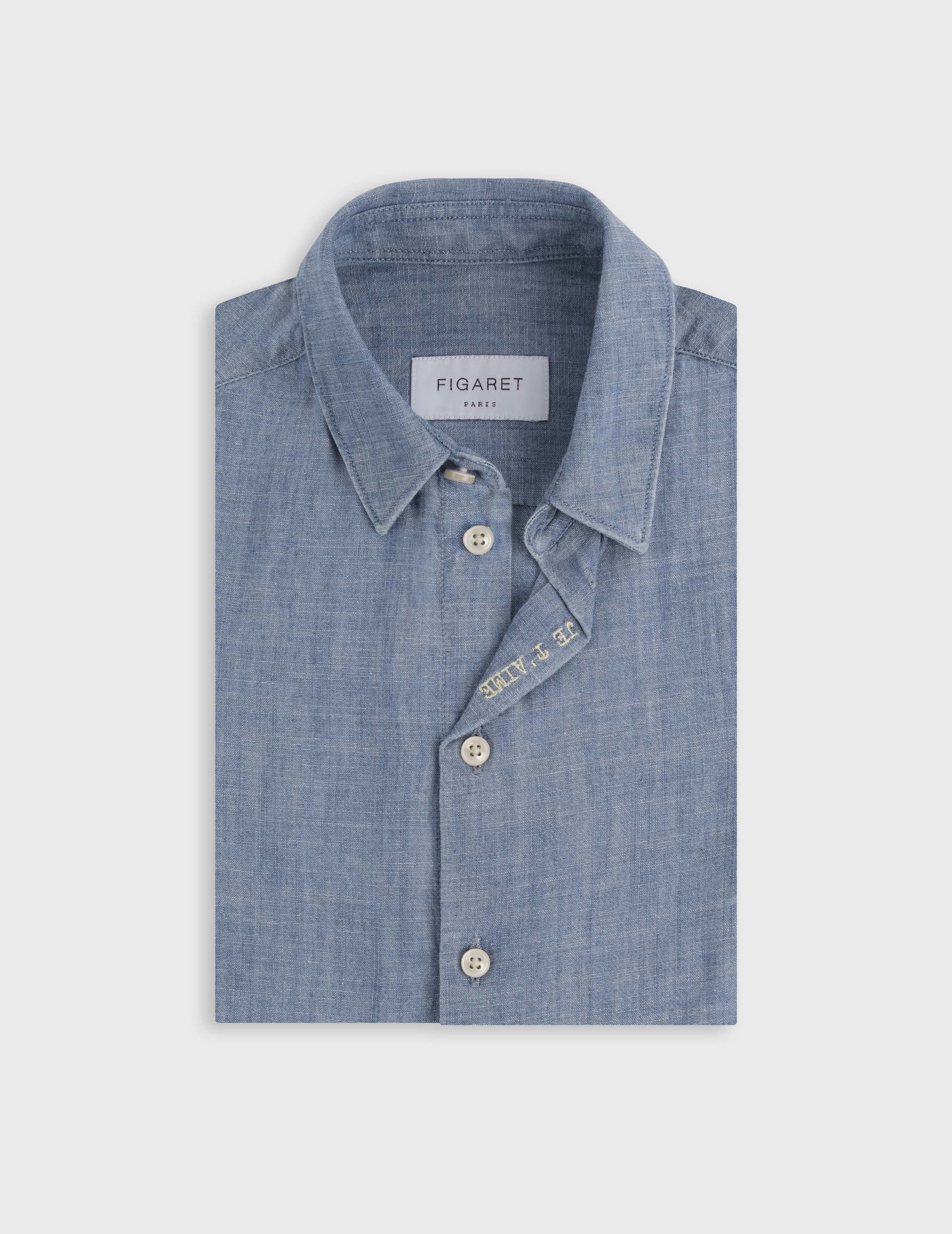 Kid’s blue "Je t'aime" shirt - Chambray - Figaret Collar