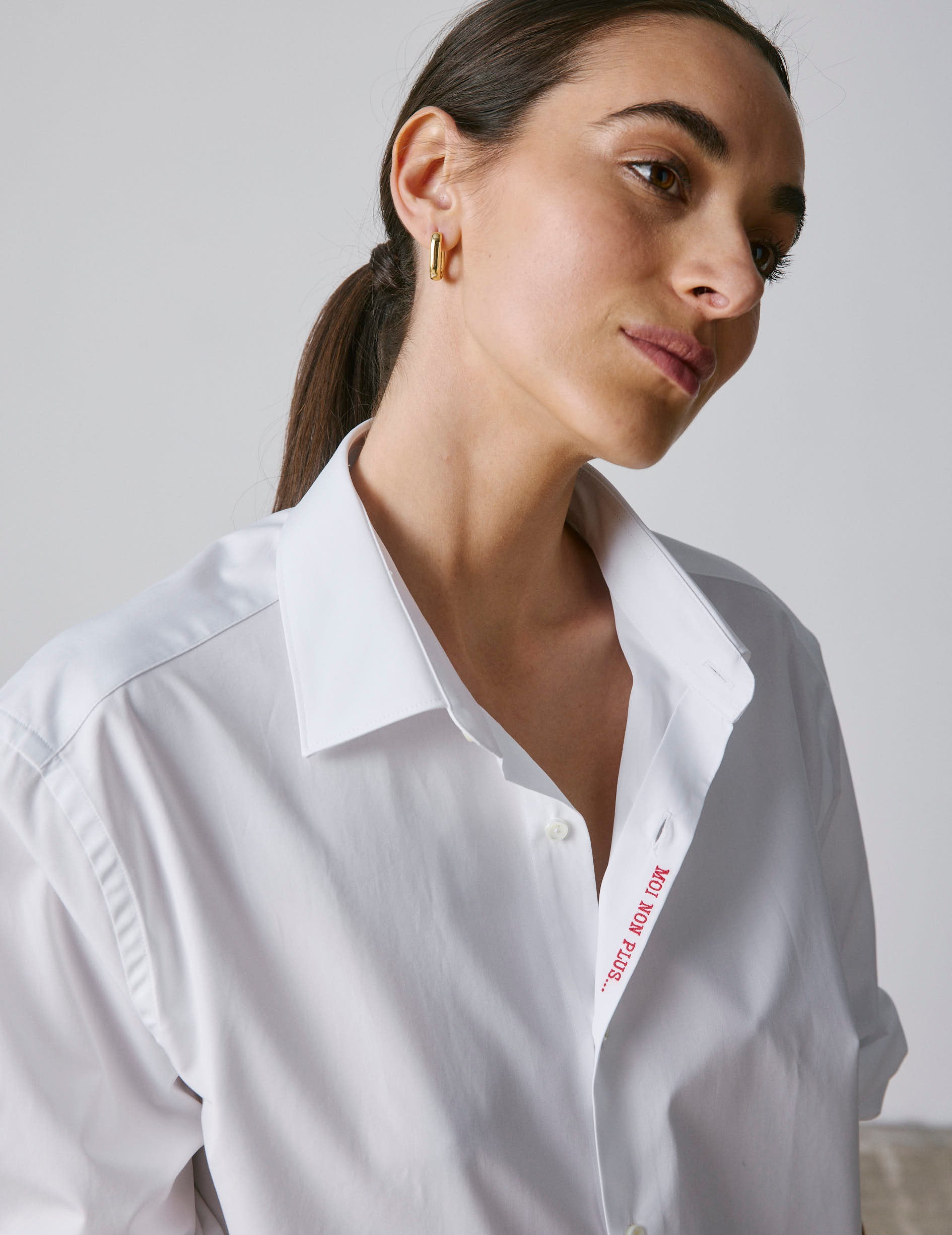 Unisex White Moi non plus shirt - Poplin - Figaret Collar