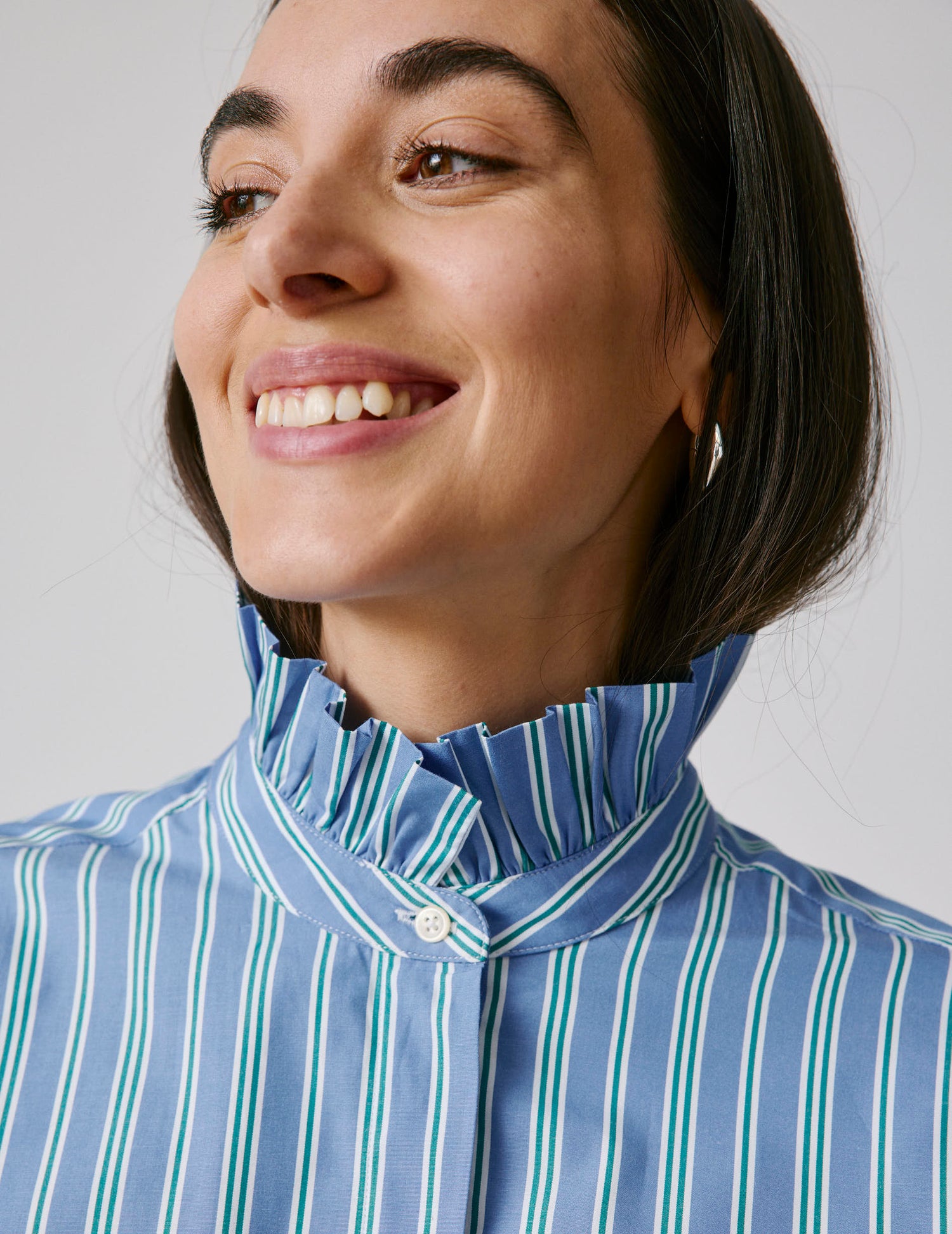 Striped blue Laurine shirt with hidden button placket  - Popeline - Victorien Collar