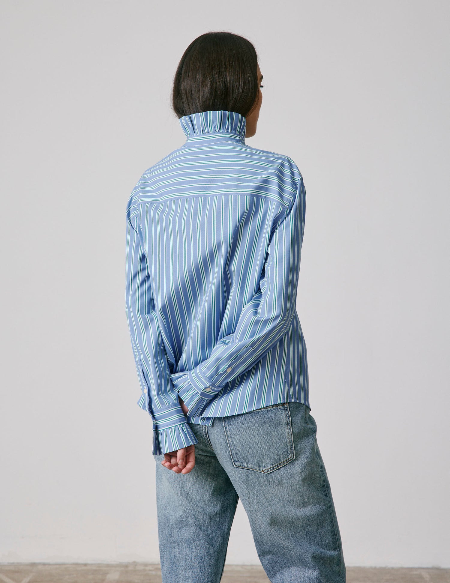 Striped blue Laurine shirt with hidden button placket  - Popeline - Victorien Collar#2