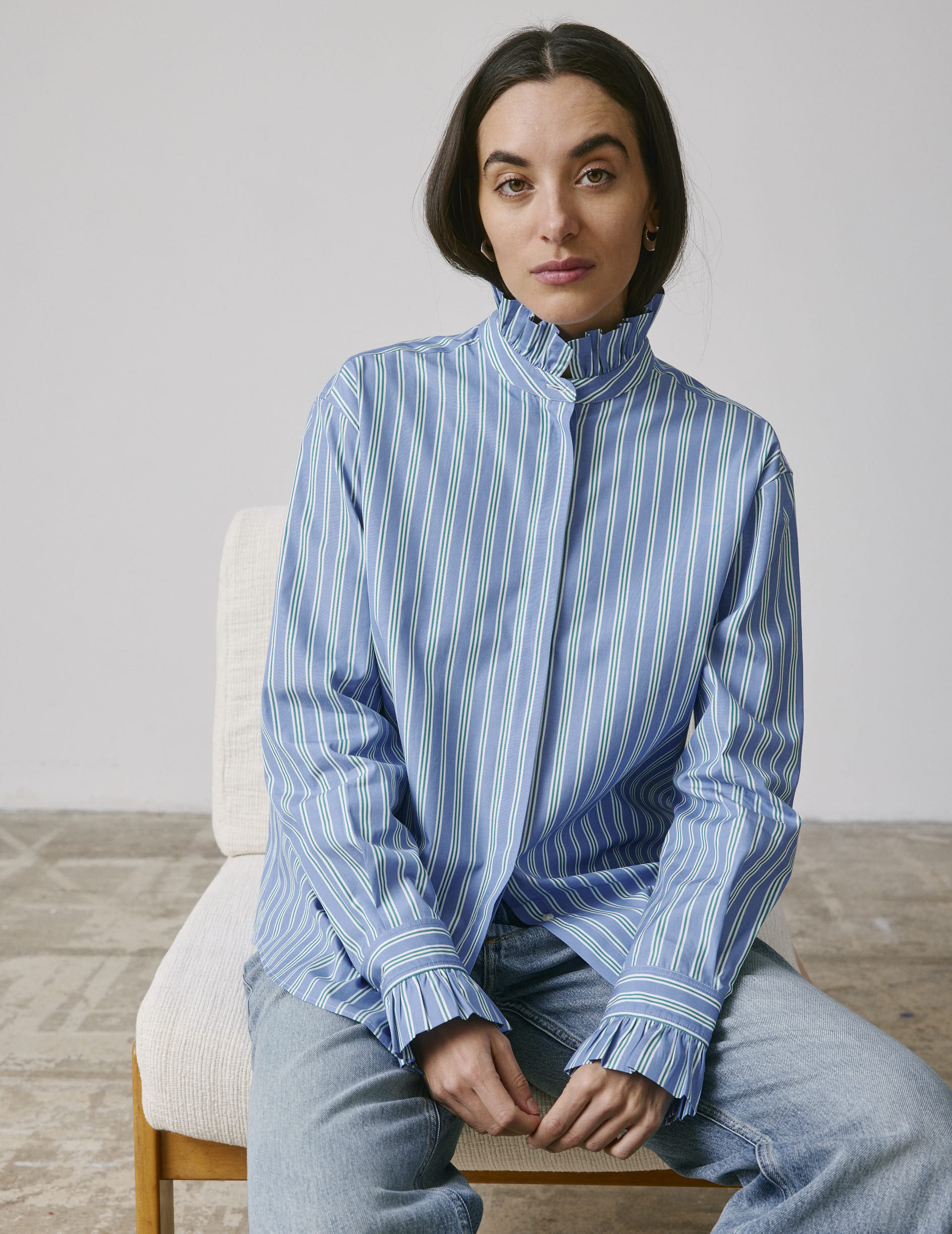 Striped blue Laurine shirt with hidden button placket  - Popeline - Victorien Collar