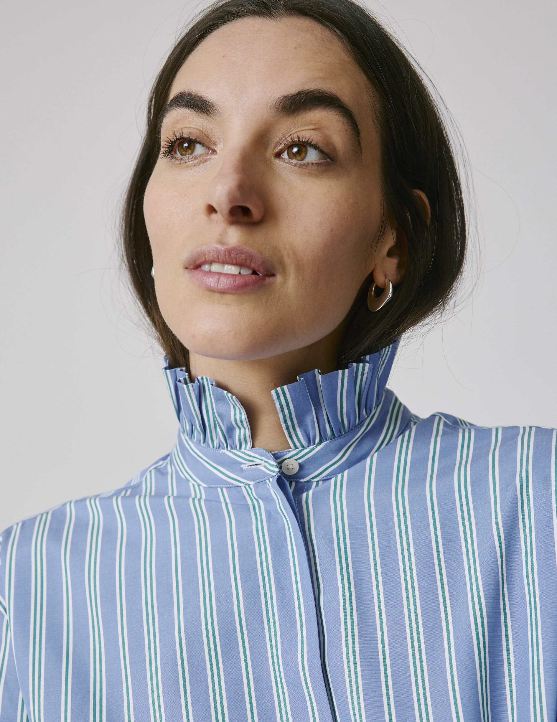 Striped blue Laurine shirt with hidden button placket  - Popeline - Victorien Collar