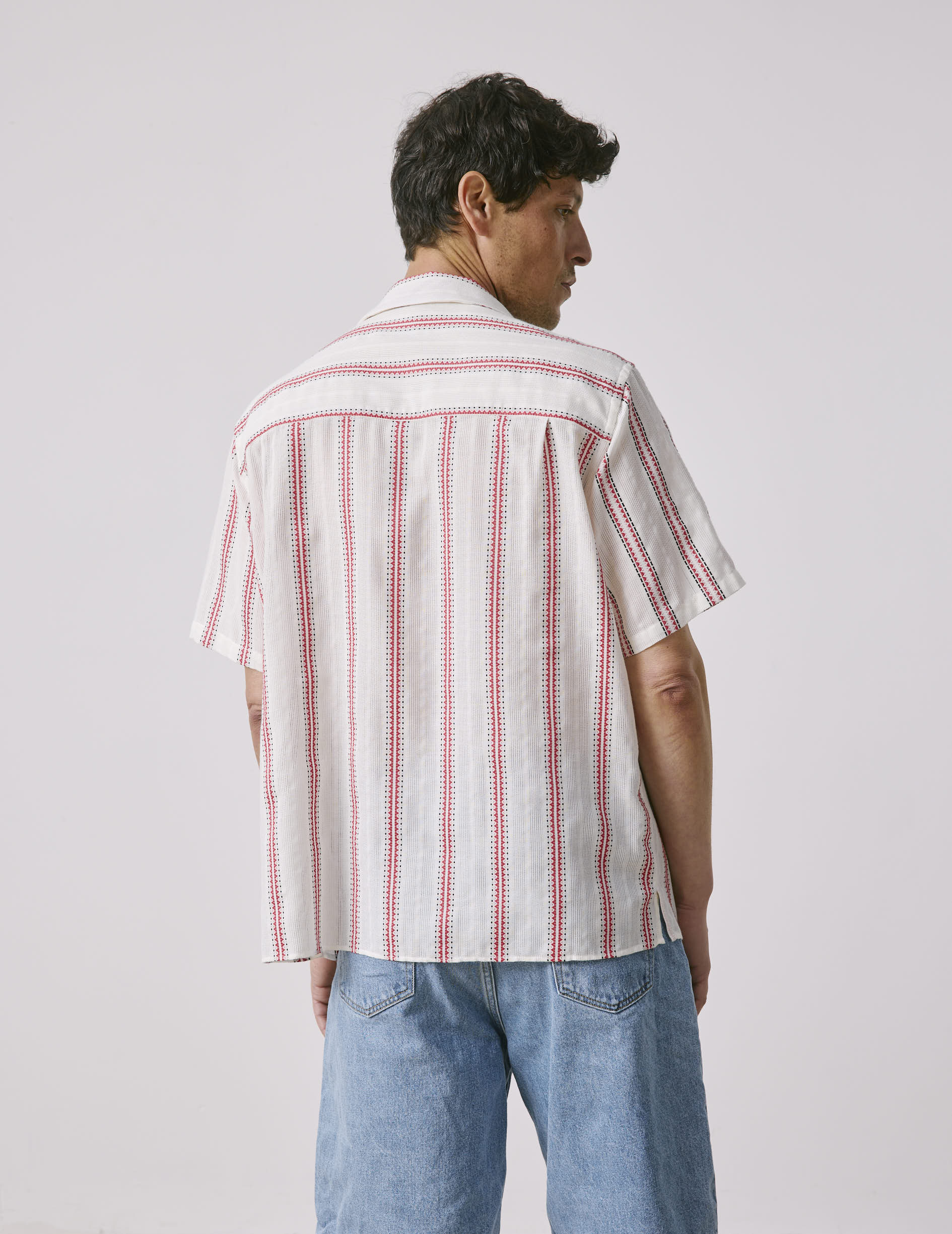Short-sleeved striped burgundy Leandre shirt - cotton voile - Pyjamas Collar