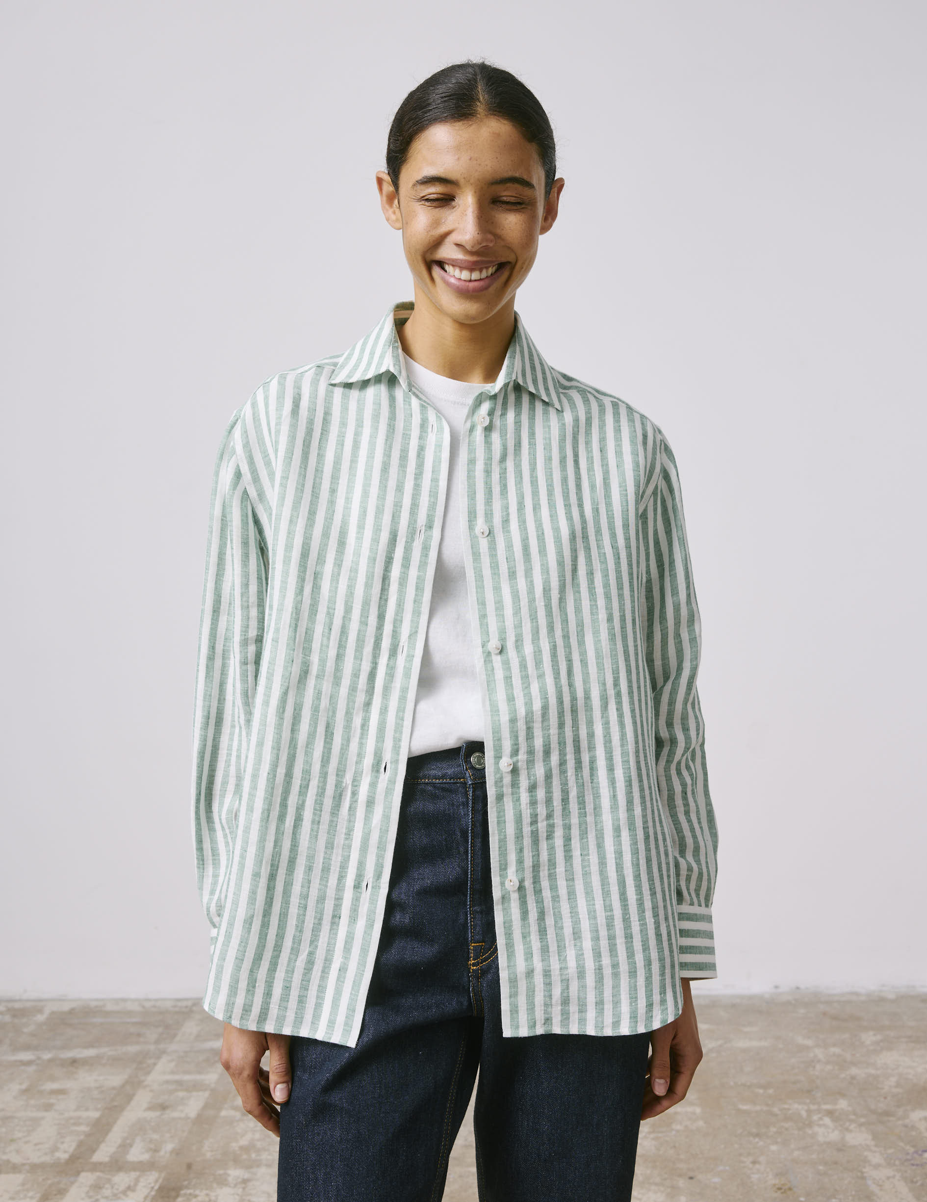 Léanna striped green linen shirt - Linen - Shirt Collar