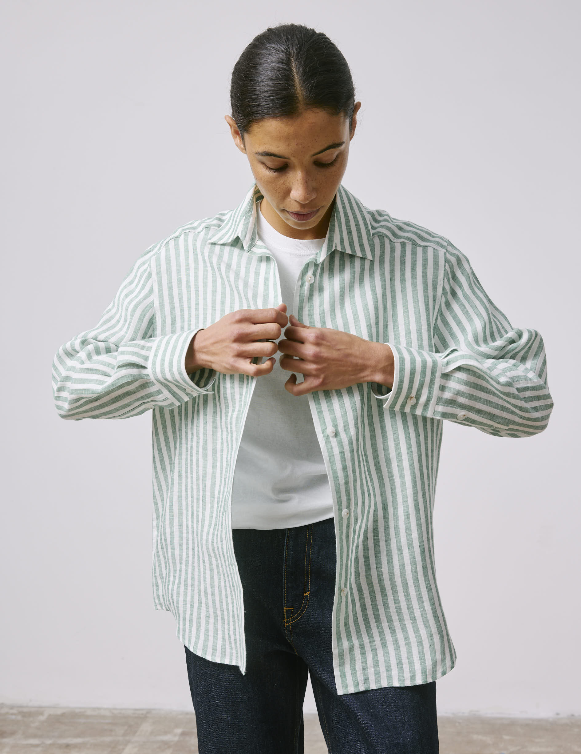 Léanna striped green linen shirt - Linen - Shirt Collar