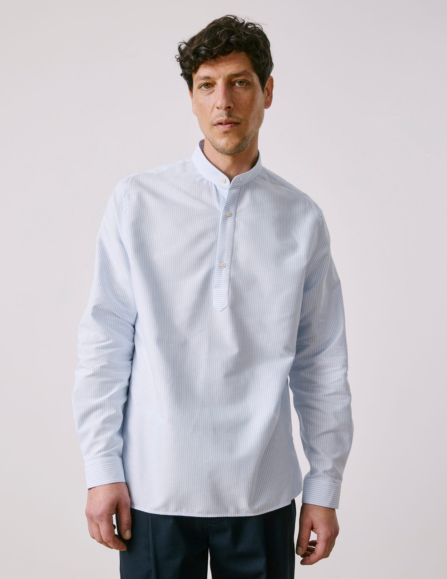 Logan Striped light blue popover shirt - Oxford - Officier Collar