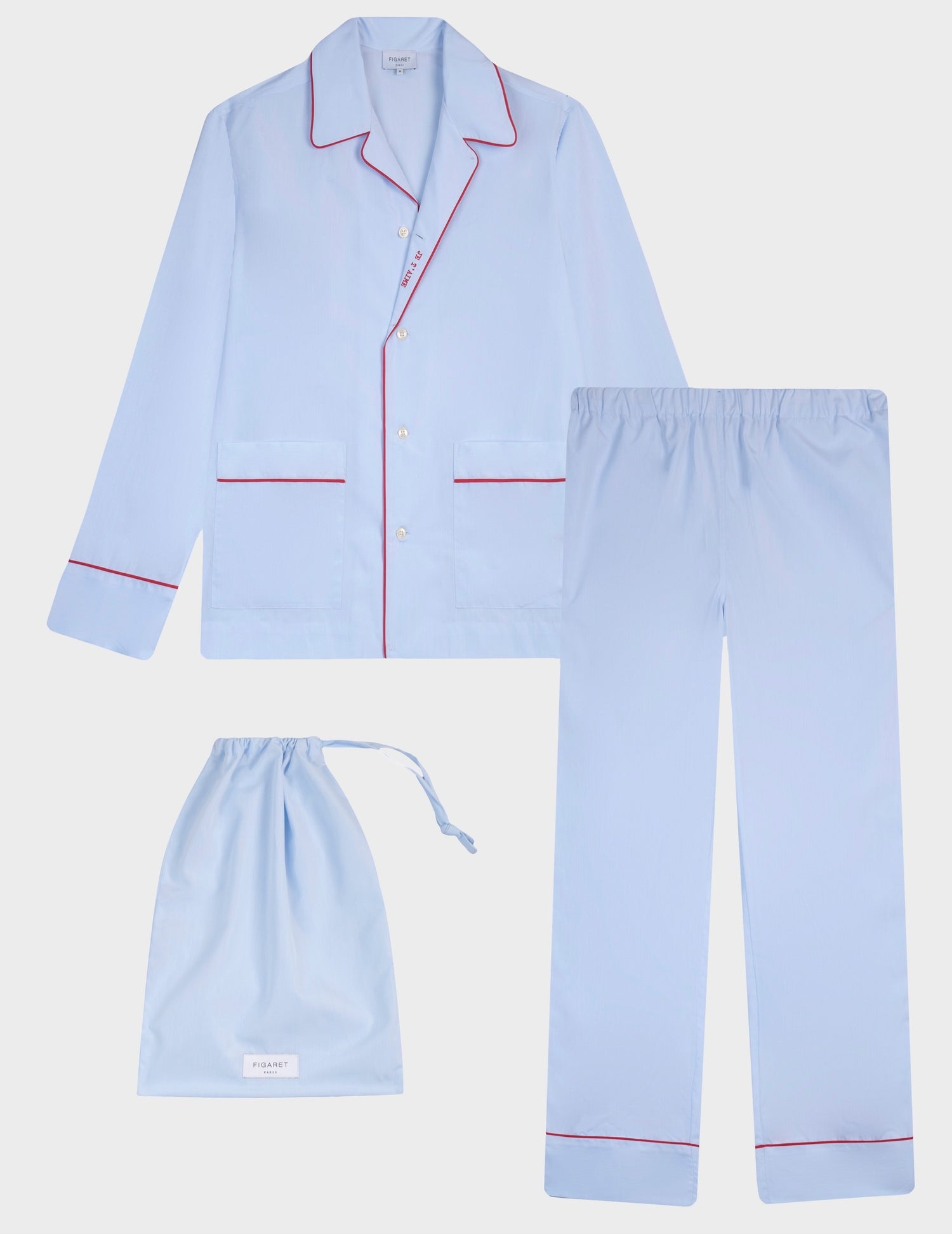 Louise pajamas in blue poplin embroidered with "Je t'aime"