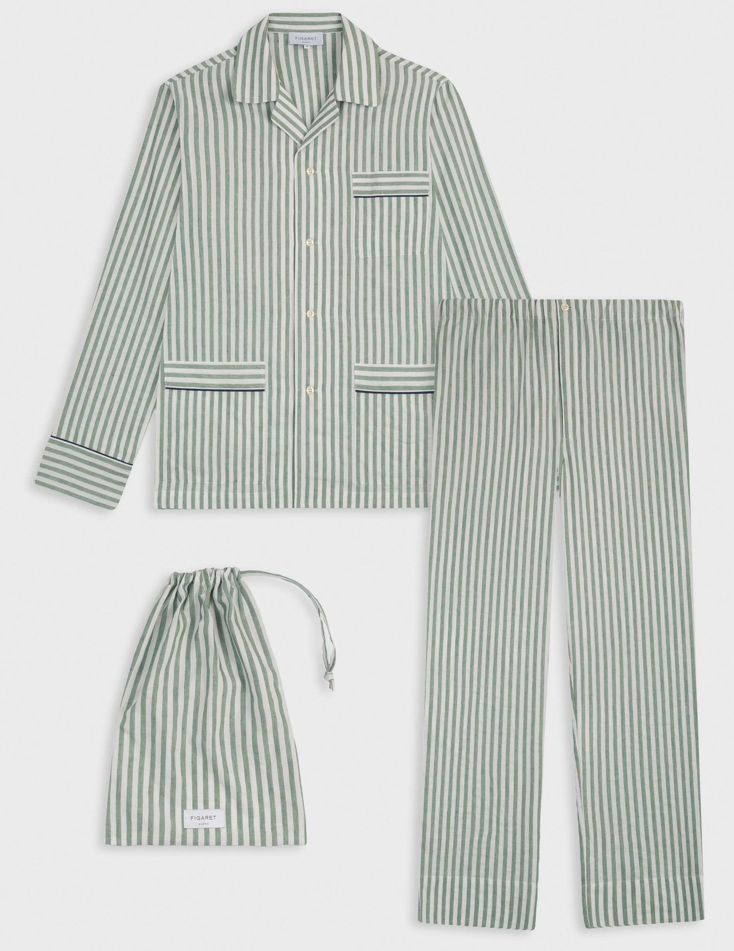 Striped green cotton and linen Louis pajama