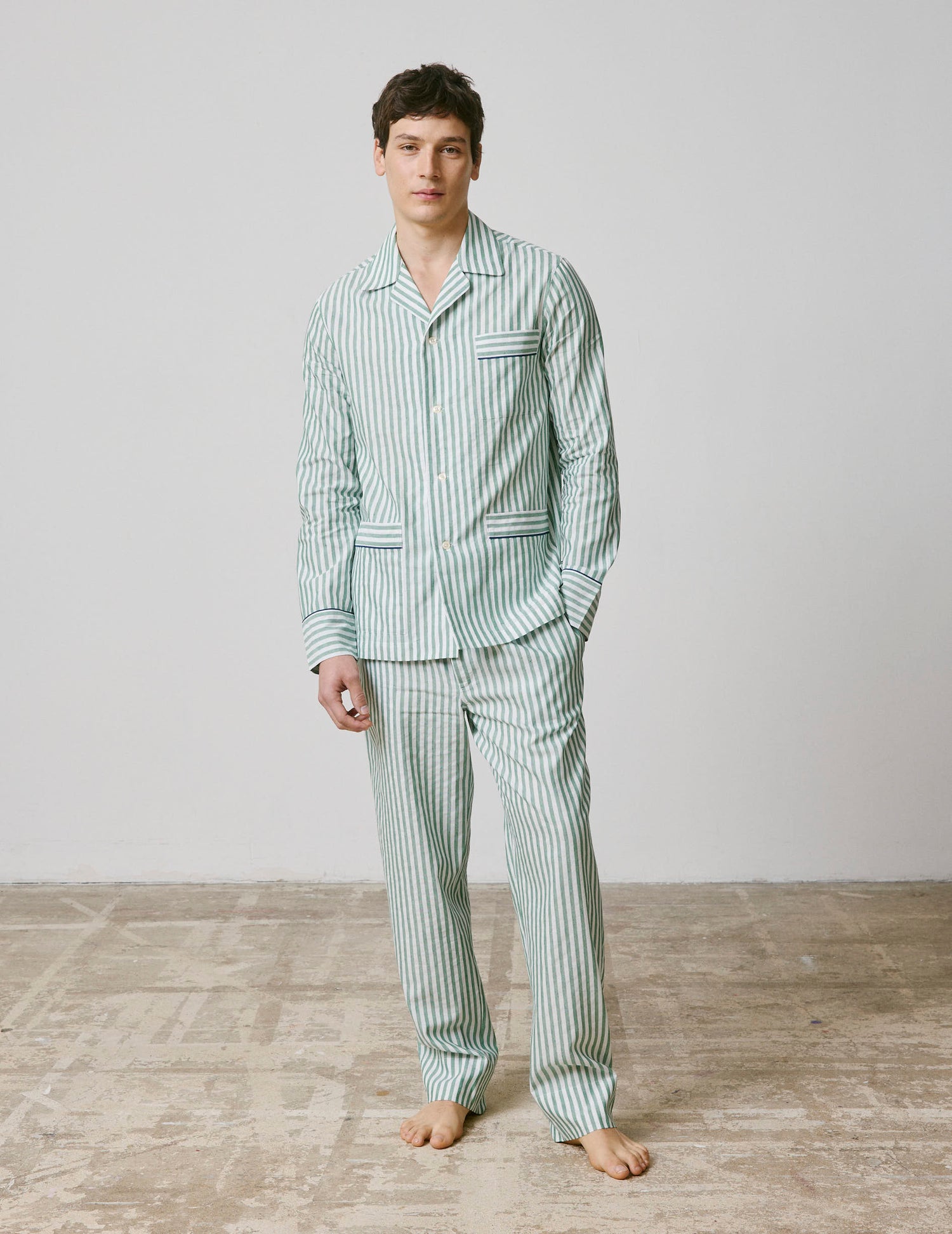Striped green cotton and linen Louis pajama