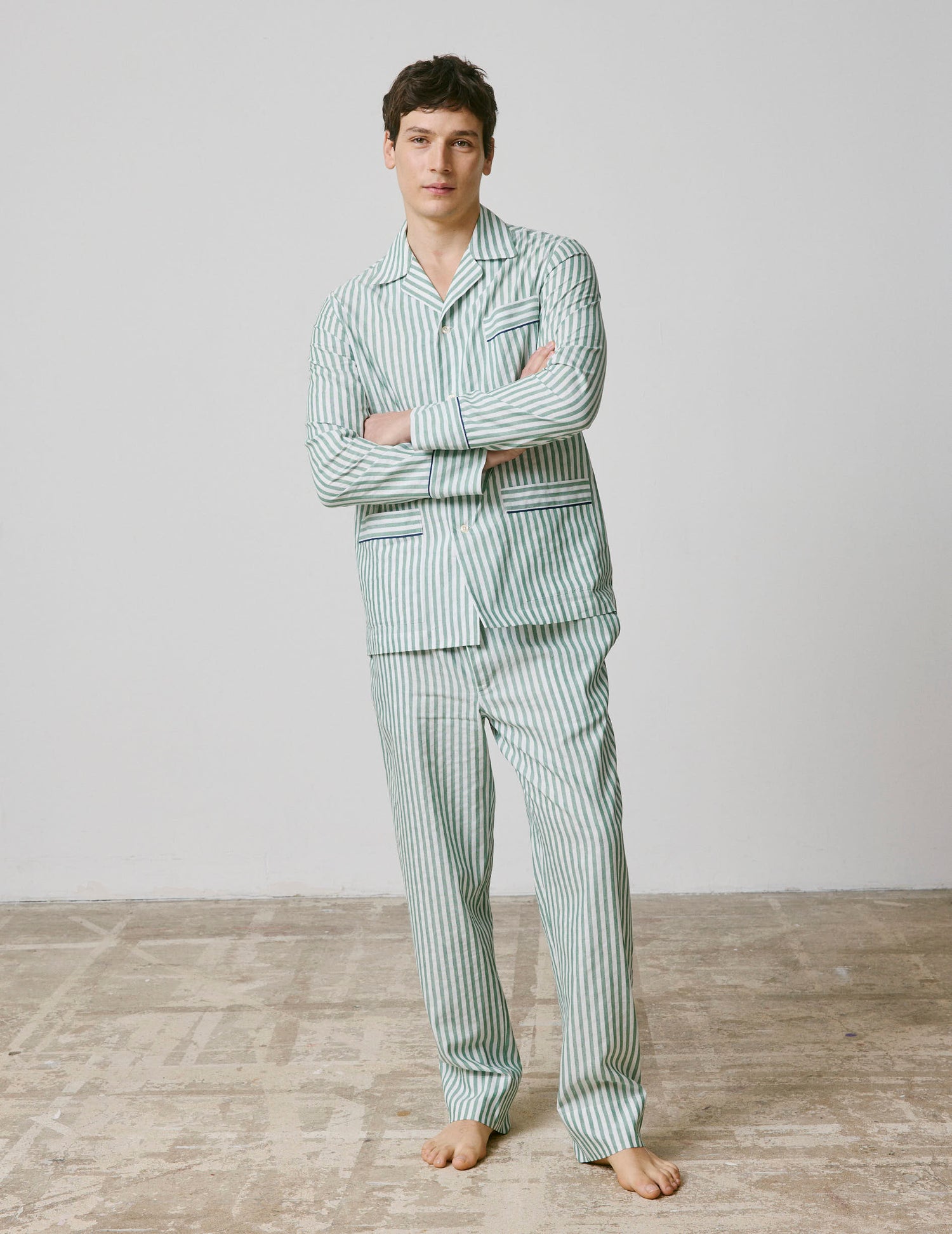 Striped green cotton and linen Louis pajama