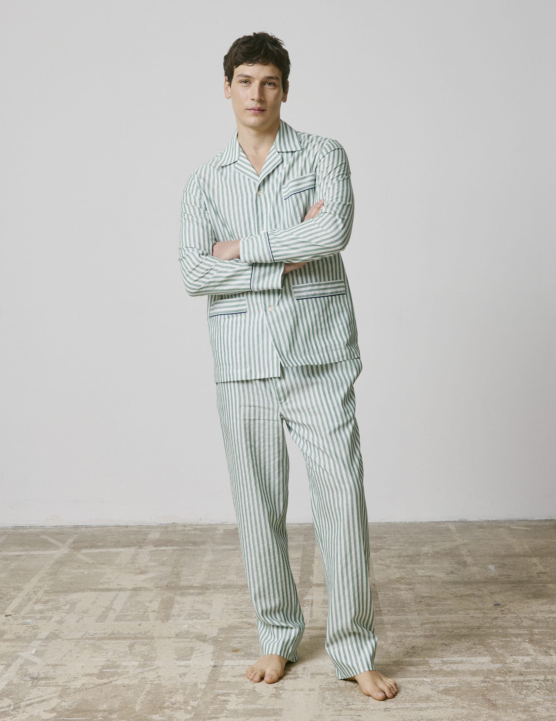 Striped green cotton and linen Louis pajama