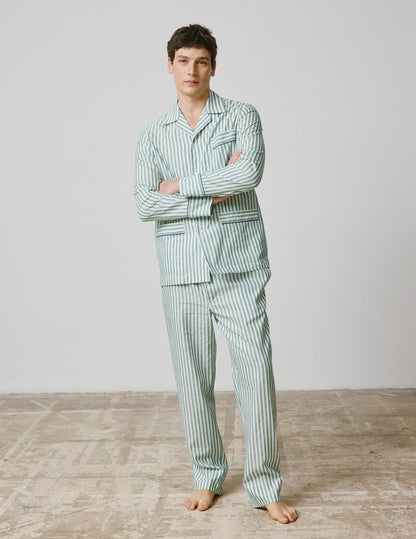 Striped green cotton and linen Louis pajama