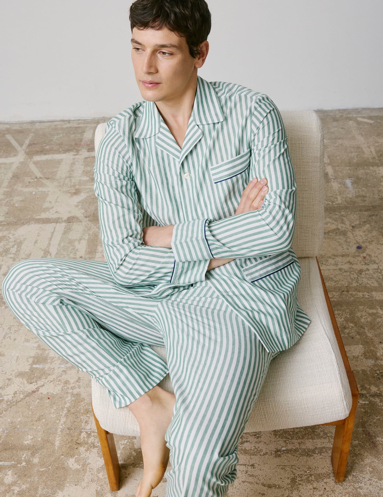 Striped green cotton and linen Louis pajama