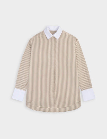 Mathéa beige striped hidden button placket shirt