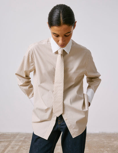 Beige striped poplin tie