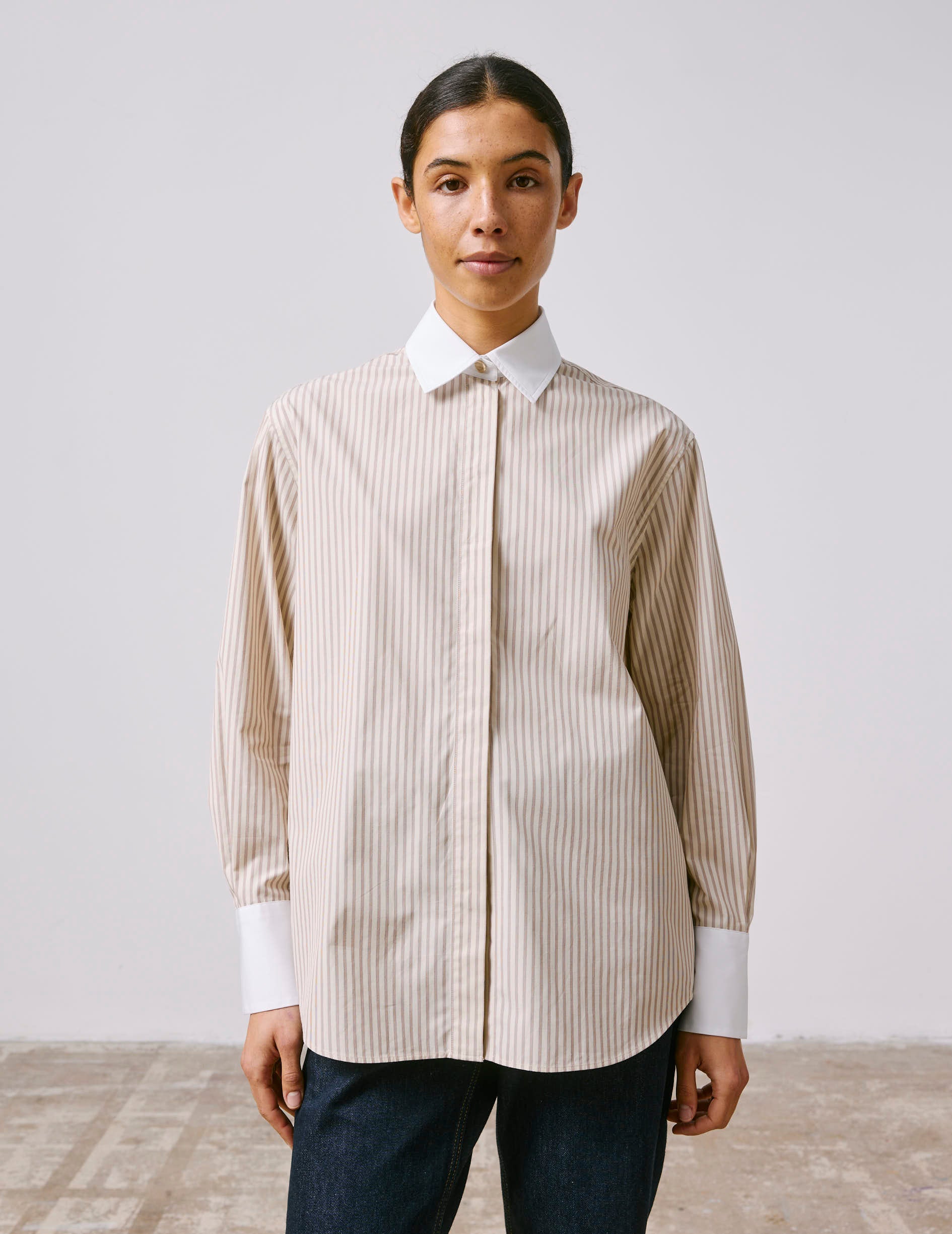 Mathéa beige striped hidden button placket shirt - Poplin - Shirt Collar