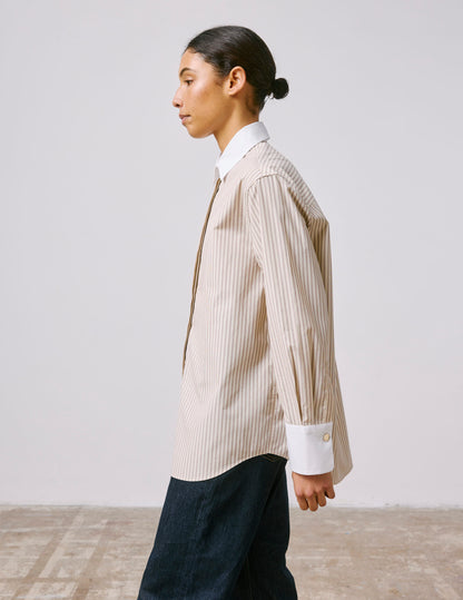 Mathéa beige striped hidden button placket shirt