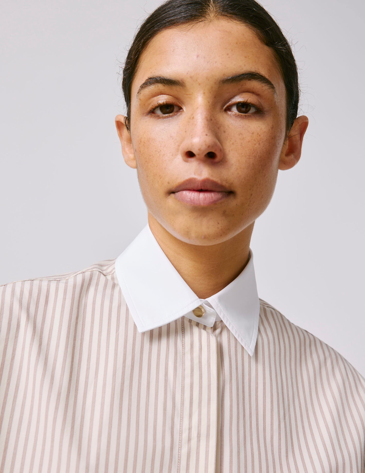 Mathéa beige striped hidden button placket shirt - Poplin - Shirt Collar#4