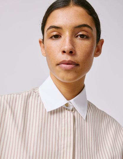 Mathéa beige striped hidden button placket shirt