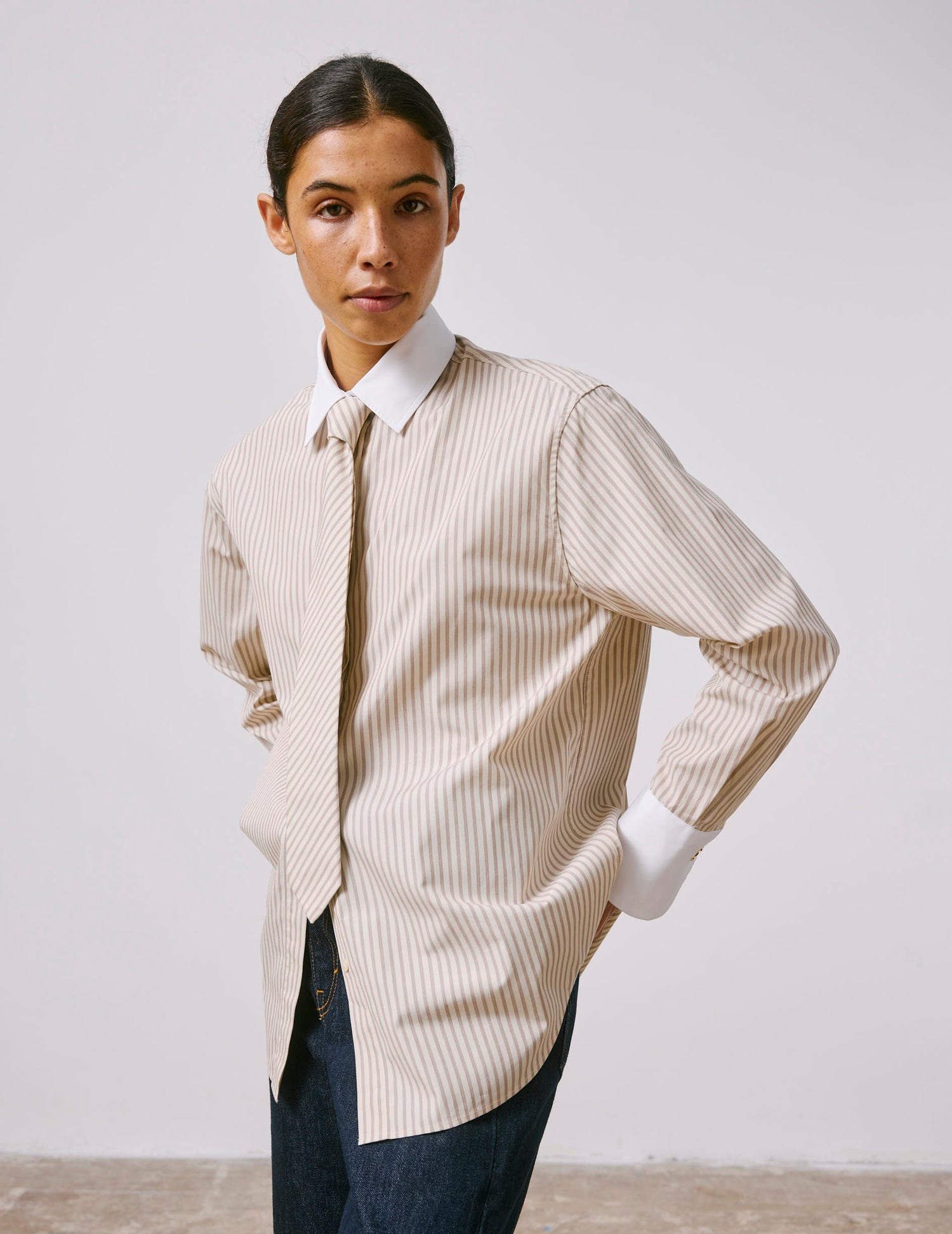 Mathéa beige striped hidden button placket shirt - Poplin - Shirt Collar#5
