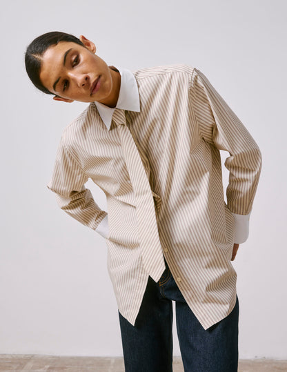 Mathéa beige striped hidden button placket shirt