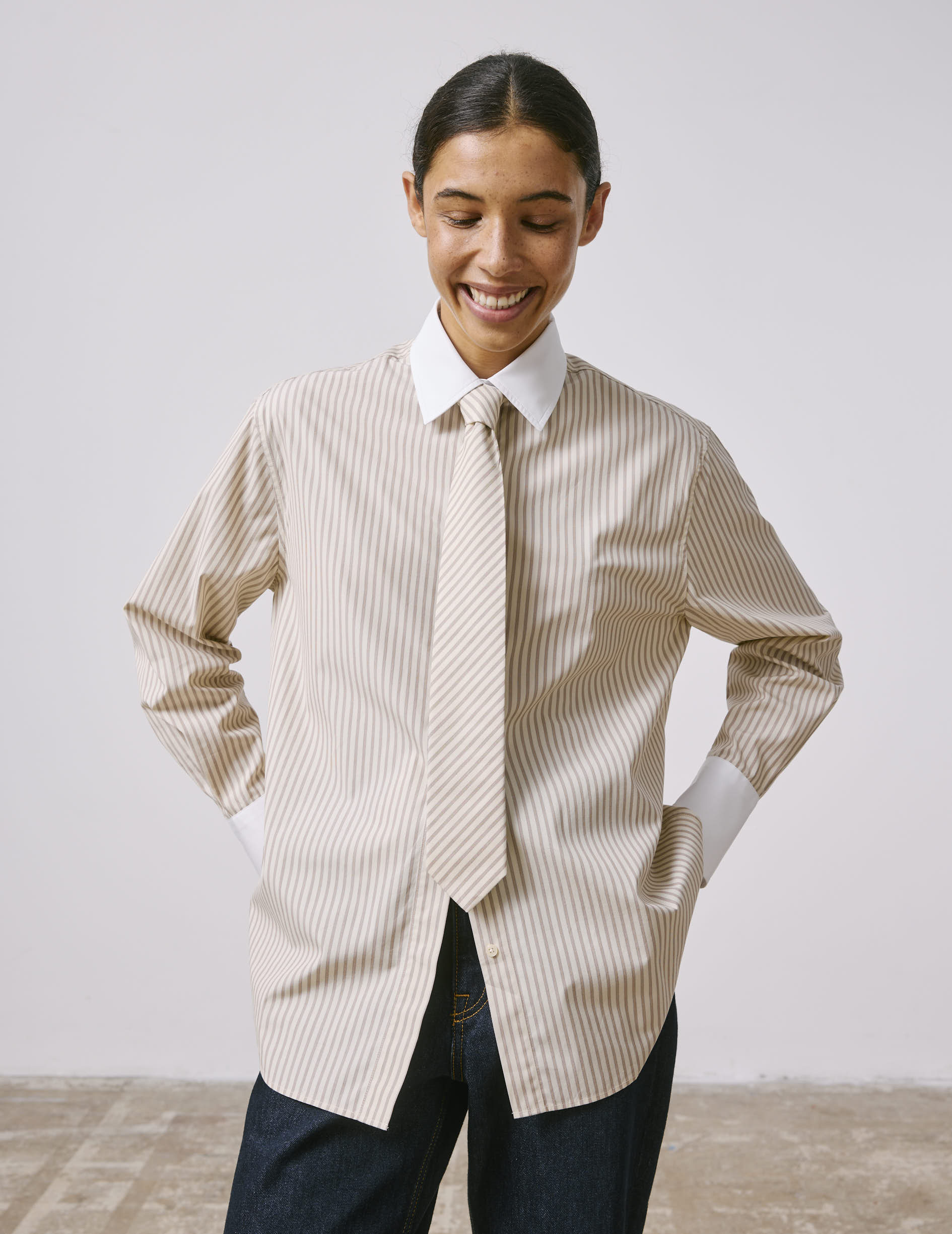 Mathéa beige striped hidden button placket shirt - Poplin - Shirt Collar