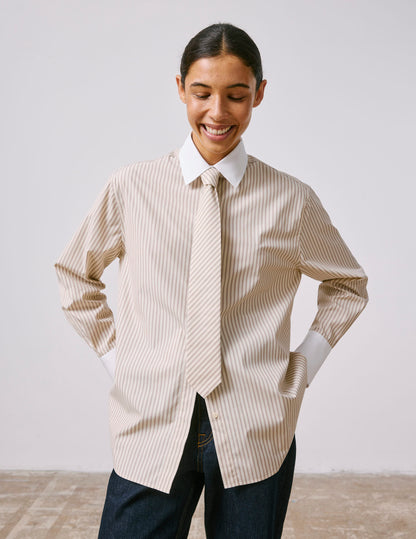 Mathéa beige striped hidden button placket shirt
