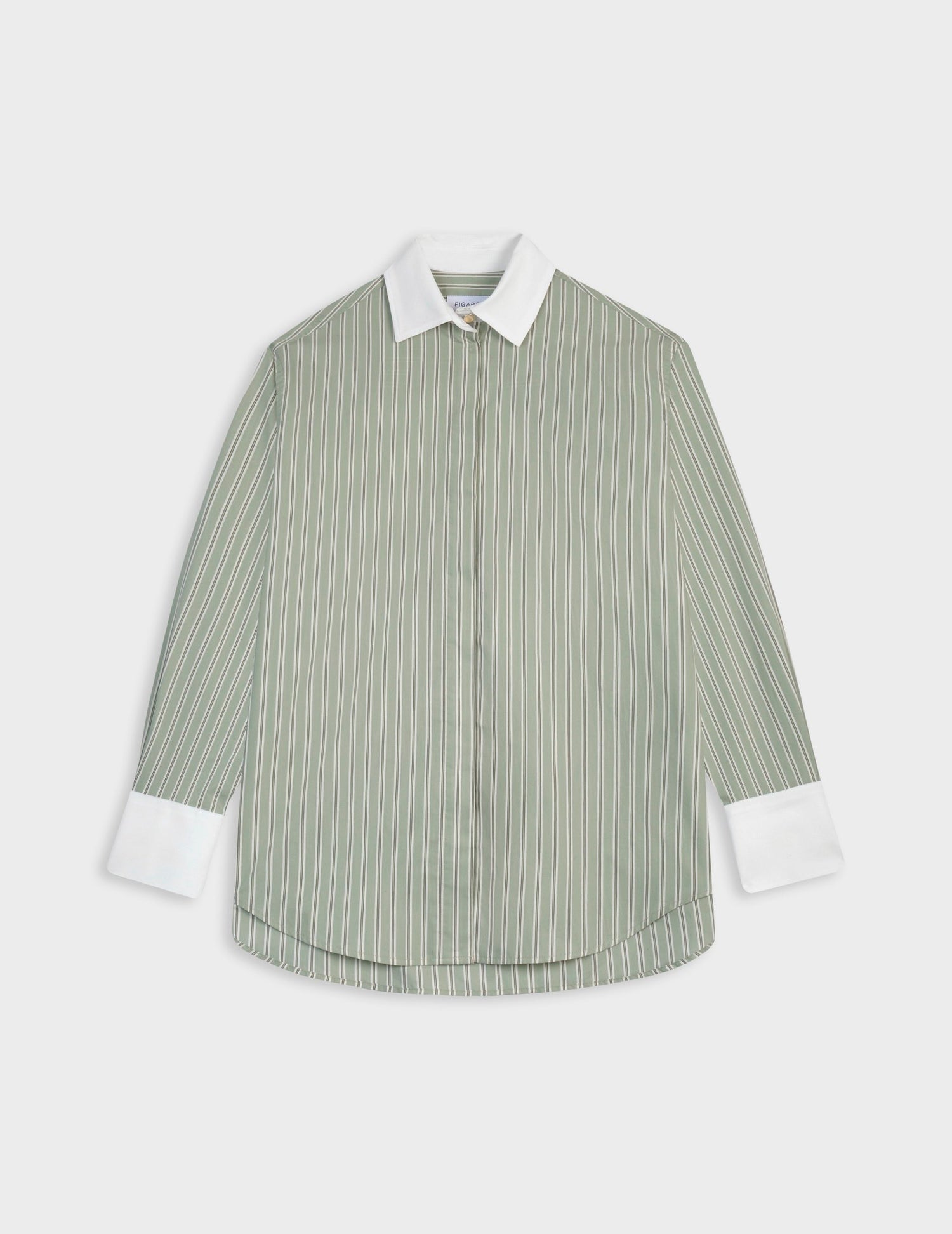 Striped sage Mathéa shirt with hidden button placket - cotton voile - Shirt Collar#3