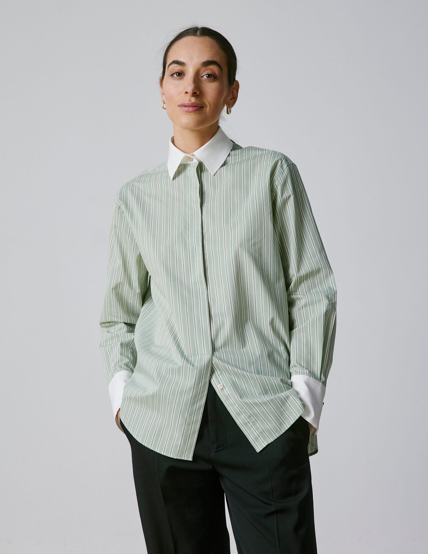 Striped sage Mathéa shirt with hidden button placket - cotton voile - Shirt Collar