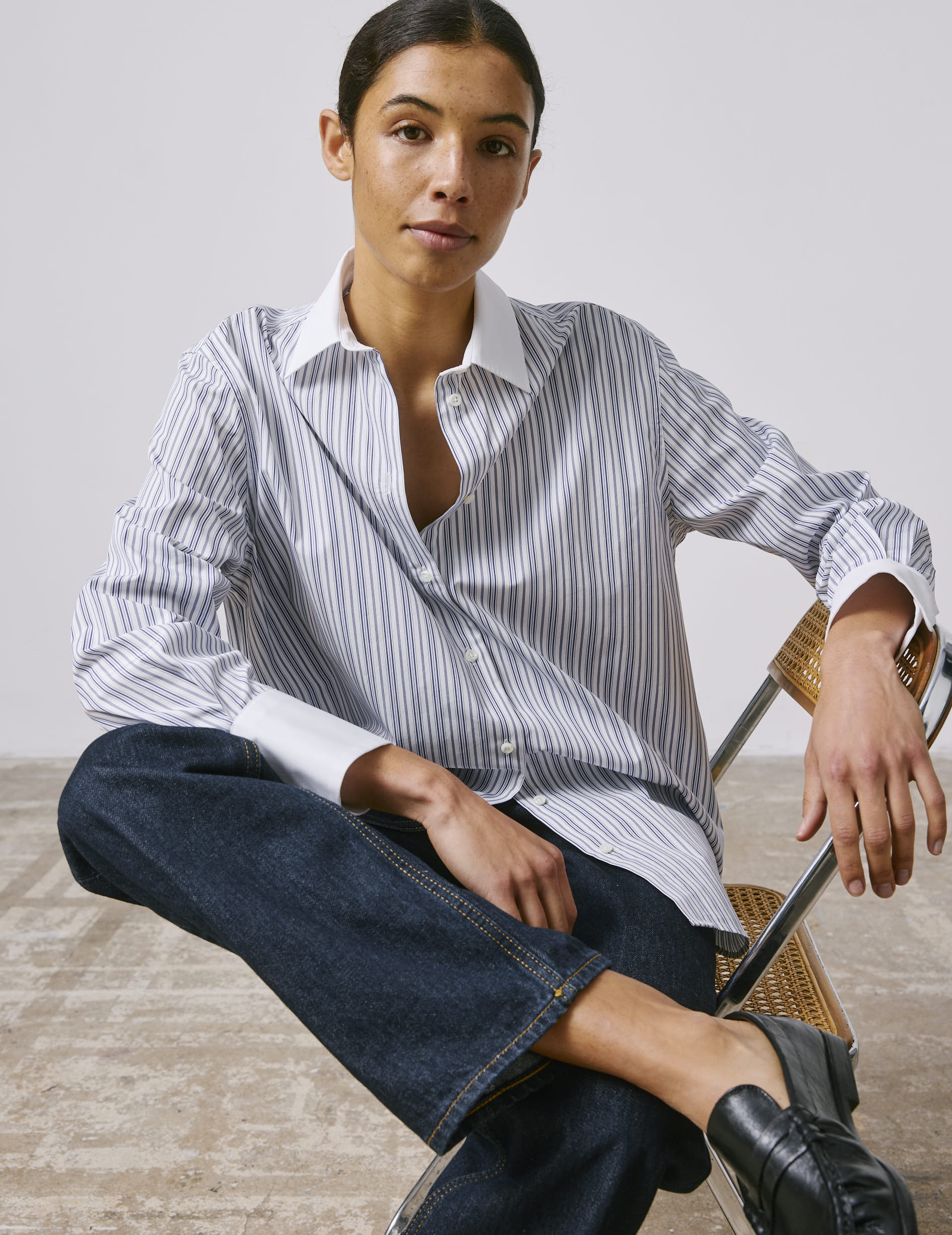 Mathilde navy striped oversized shirt - Poplin - Shirt Collar