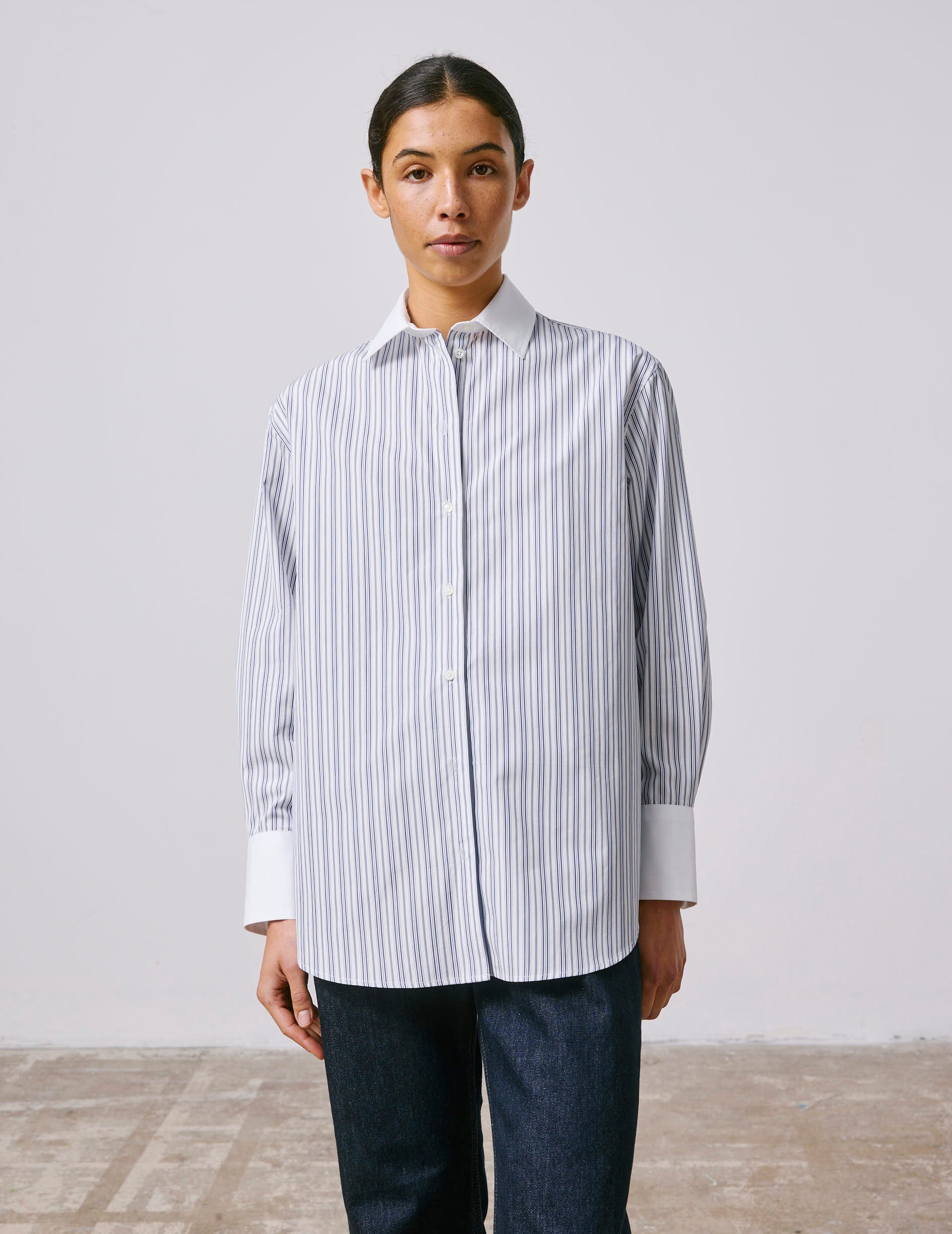 Mathilde navy striped oversized shirt - Poplin - Shirt Collar