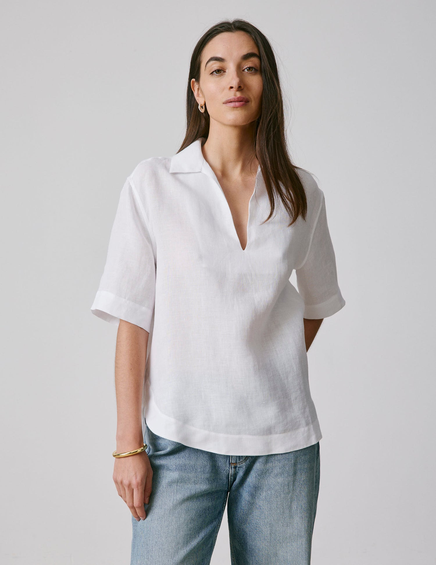 White linen Nadia blouse  - Lin - V Collar