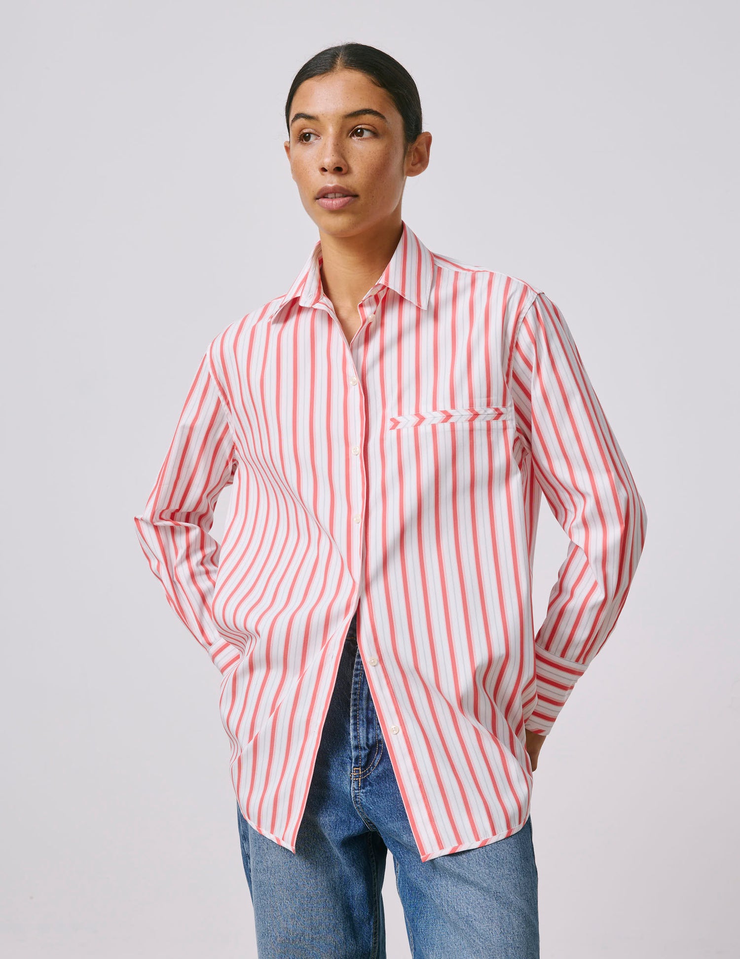Striped coral Nesrine shirt - Popeline - Chemise Collar