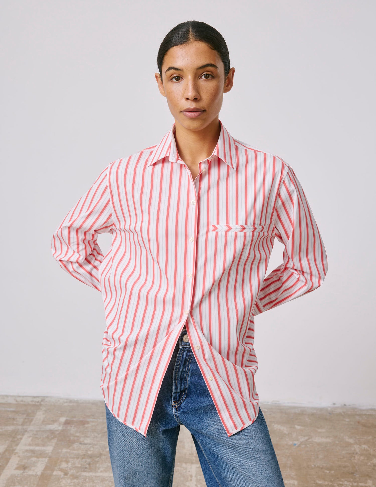 Striped coral Nesrine shirt - Popeline - Chemise Collar#3