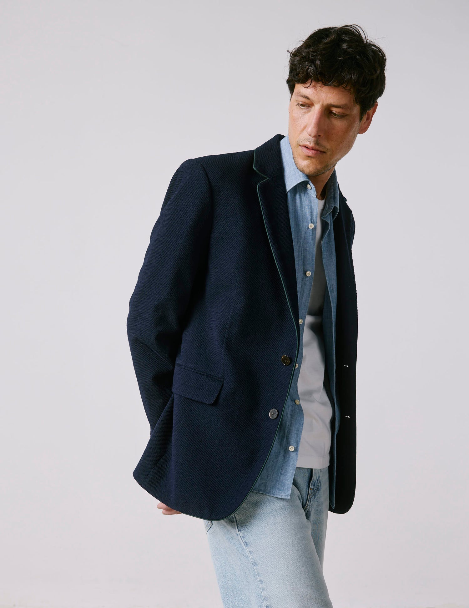 Blazer in plain navy virgin wool twill