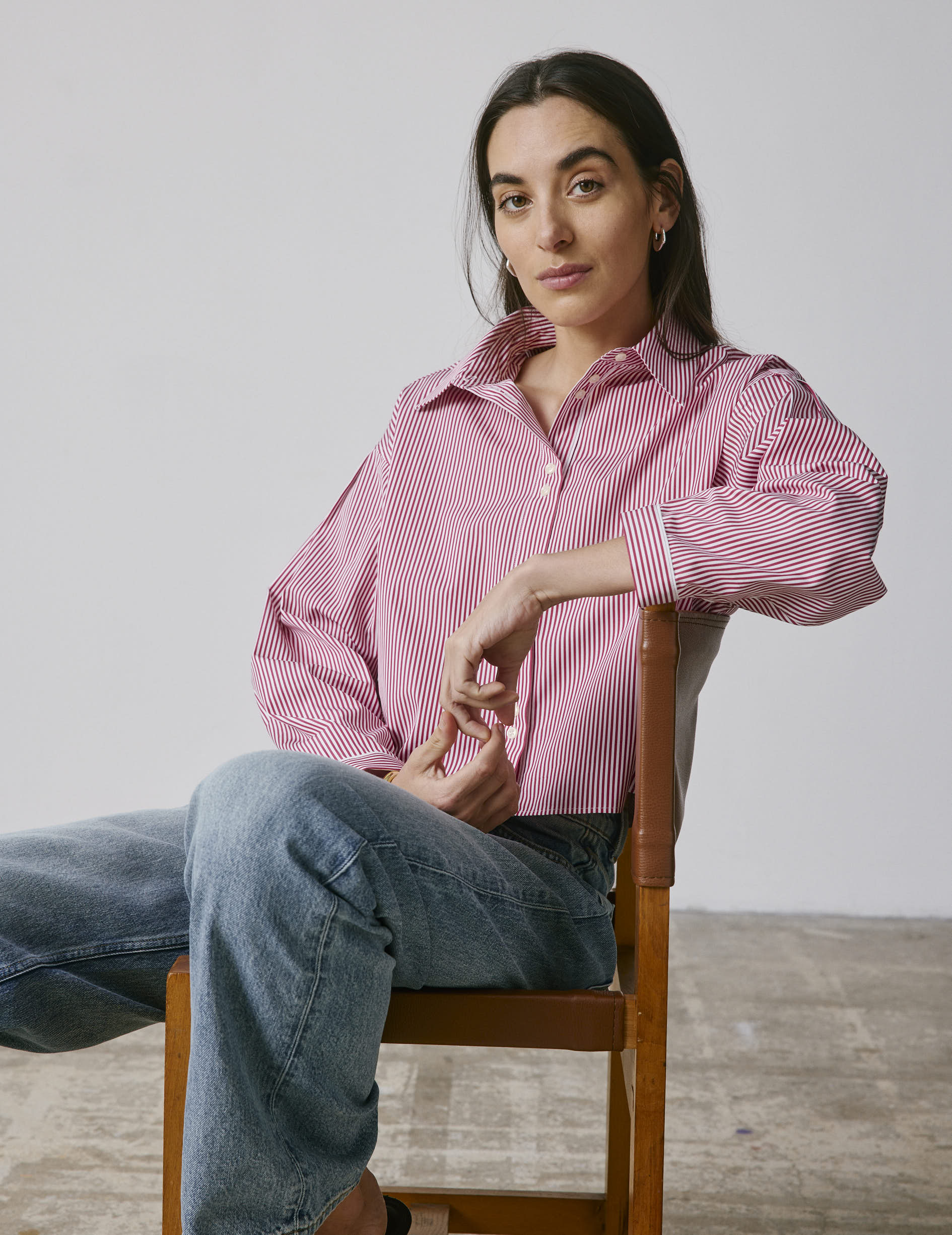 Cropped striped burgundy Ninon shirt  - Poplin - Shirt Collar