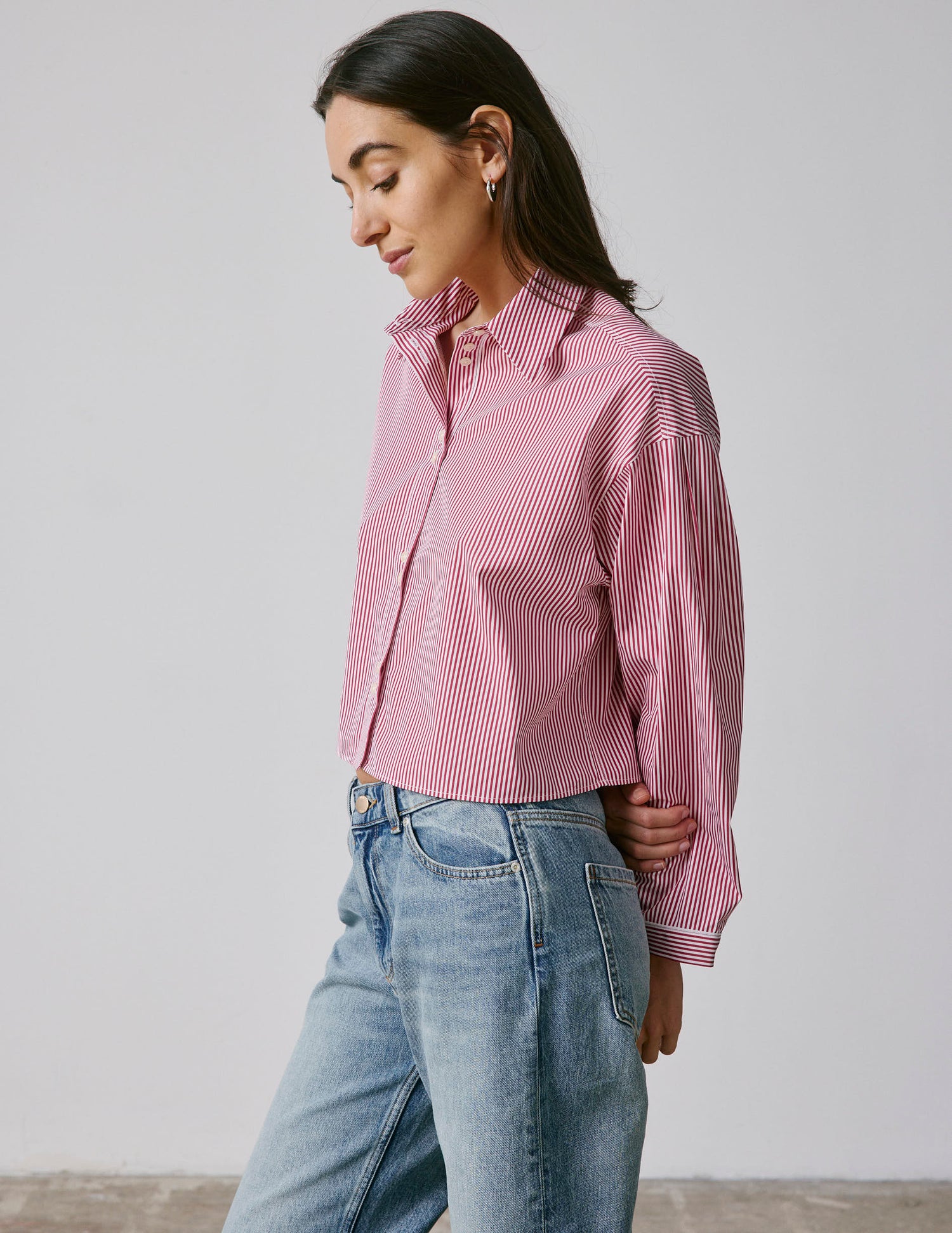 Cropped striped burgundy Ninon shirt  - Poplin - Shirt Collar#4
