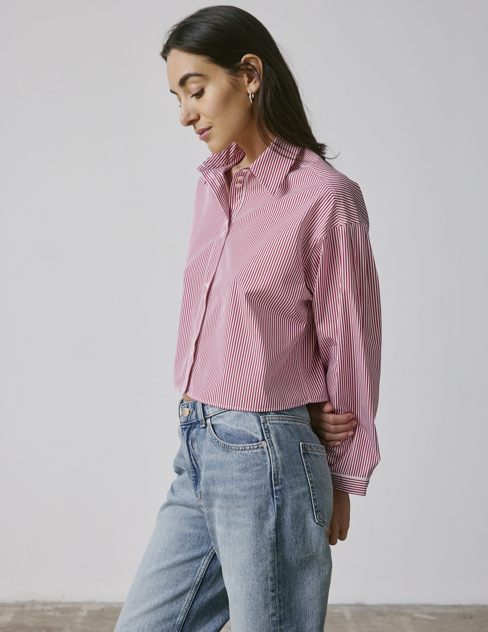 Cropped striped burgundy Ninon shirt  - Poplin - Shirt Collar