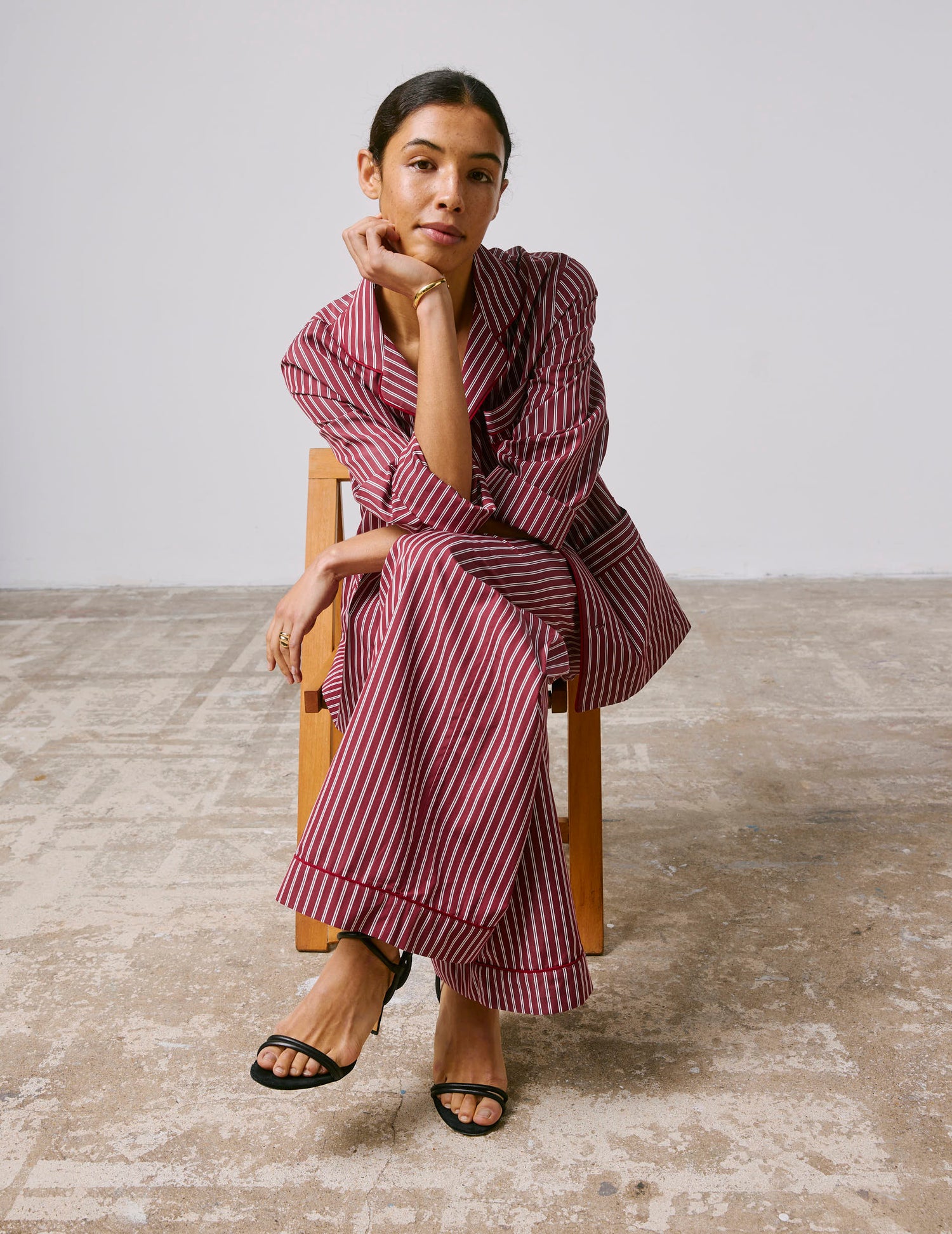 Striped burgundy Nocturne pajama top - Poplin - Pyjamas Collar#9