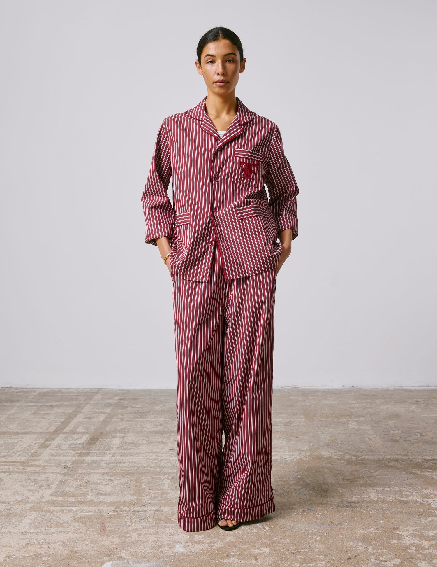 Striped burgundy Nocturne pajama top - Poplin - Pyjamas Collar#10