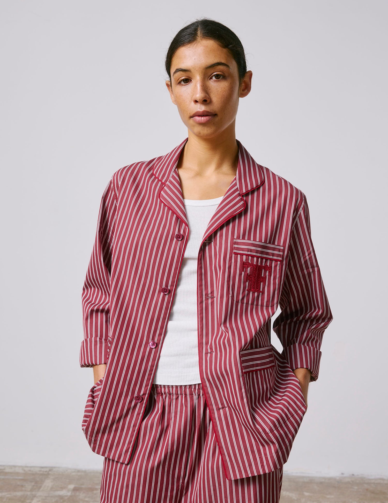 Striped burgundy Nocturne pajama top - Poplin - Pyjamas Collar#4