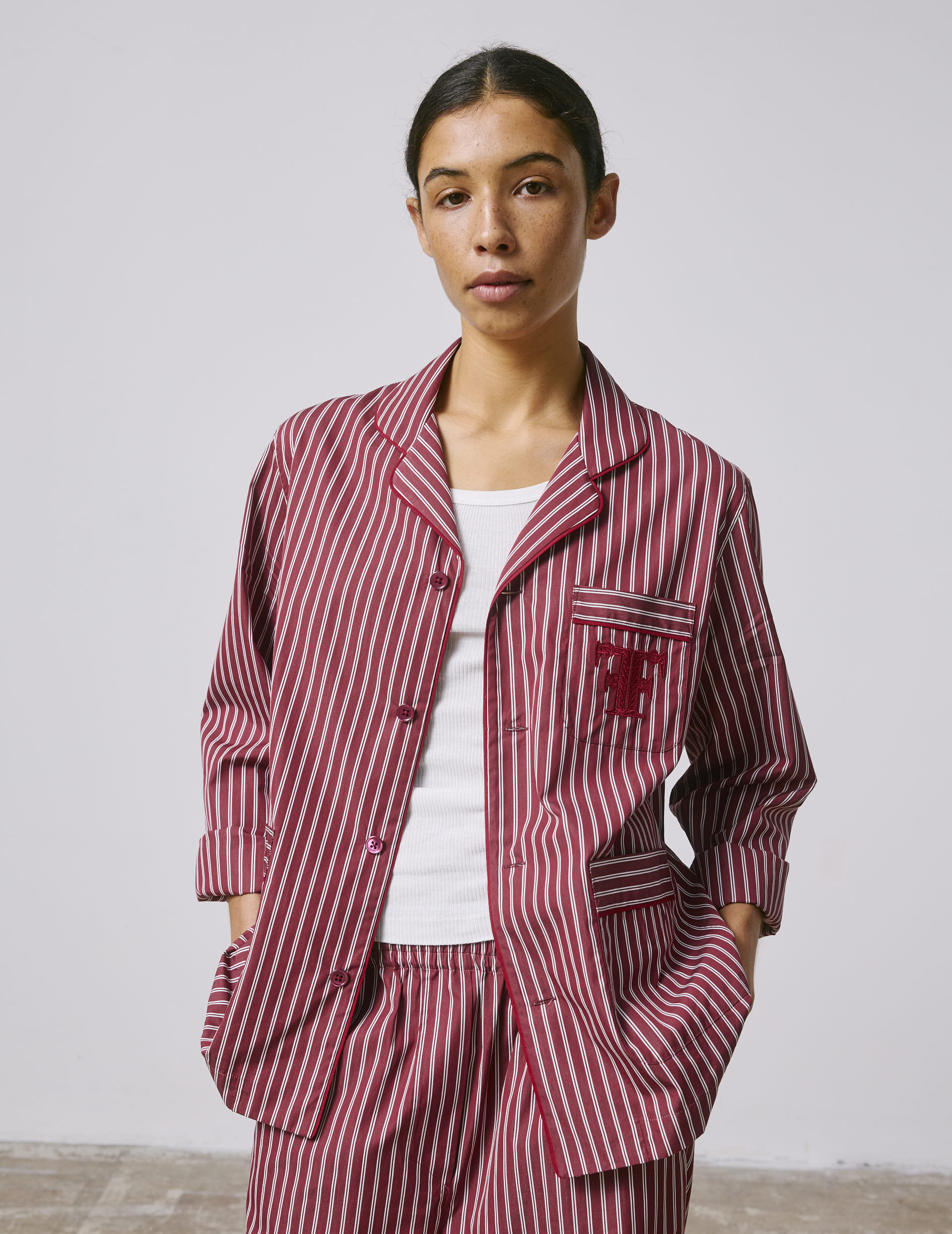 Striped burgundy Nocturne pajama top - Poplin - Pyjamas Collar