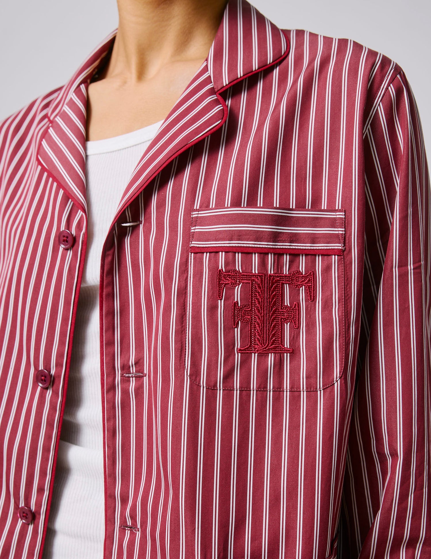 Striped burgundy Nocturne pajama top - Poplin - Pyjamas Collar#5